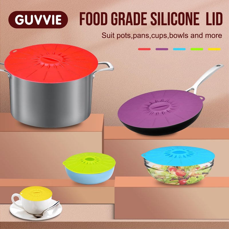 Guvvie Silicone lids - 5 Pack Heat Resistant Microwave Splatter Cover, Reusable silicone Suction lids for food storage Fits Bowls, Cups, Skillets, Plates, Pots, Pans StoveTop, Oven, Fridge Safe - Image 2